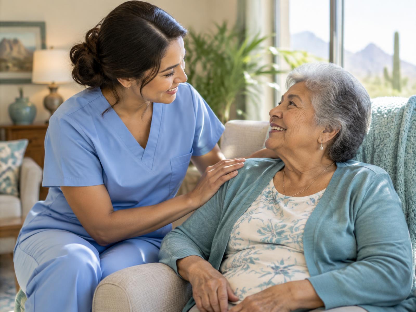 A home caregiver in light-blue scrubs smiling warmly with an elderly woman in a bright Arizona living room
